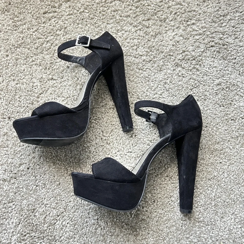 Black Platform High heeled suede sandals, sz 7.5, stiletto dance club shoes,
